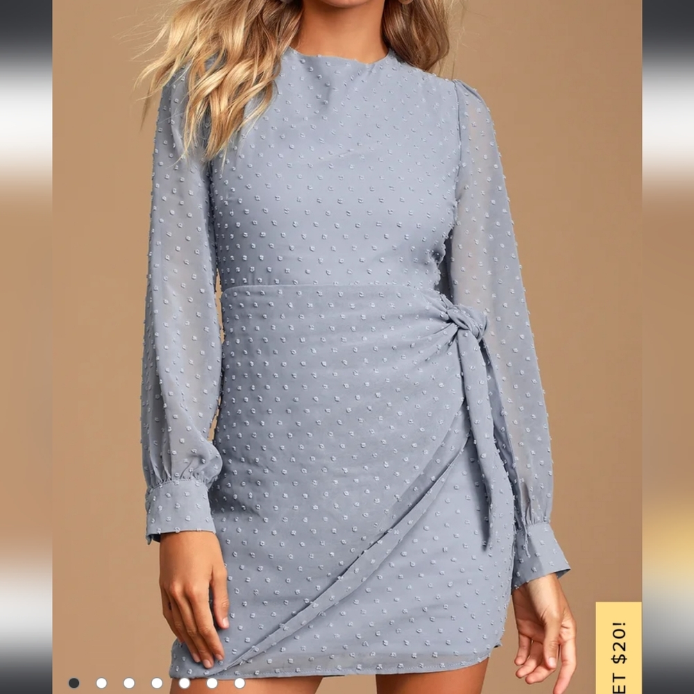 Lulu's Much Love Light Blue Swiss Dot Long Sleeve Tie-Front Mini Dress